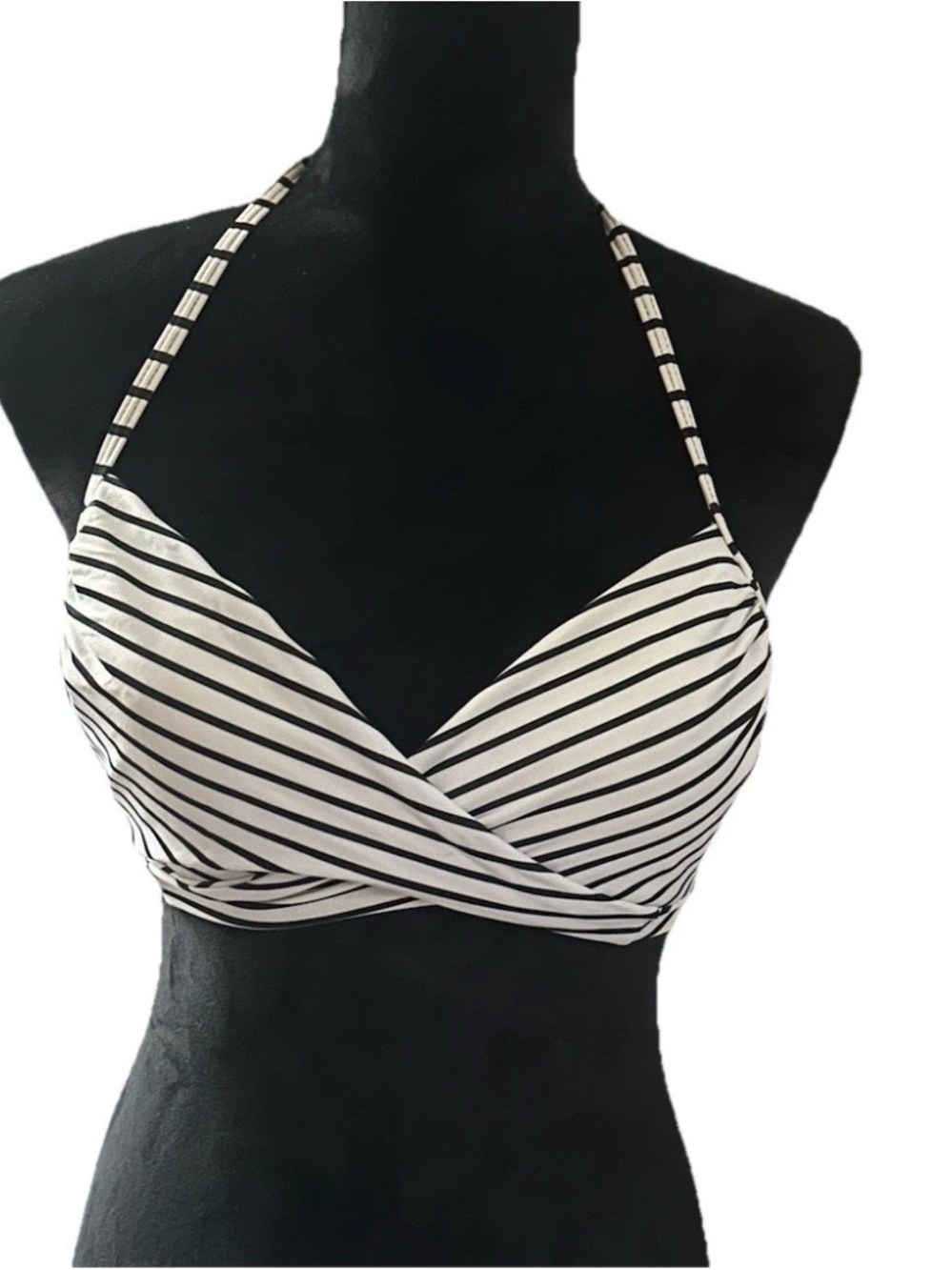 VNTG Victoria's Secret Black & White Striped Halter Bikini Top 34C (M) NWOT